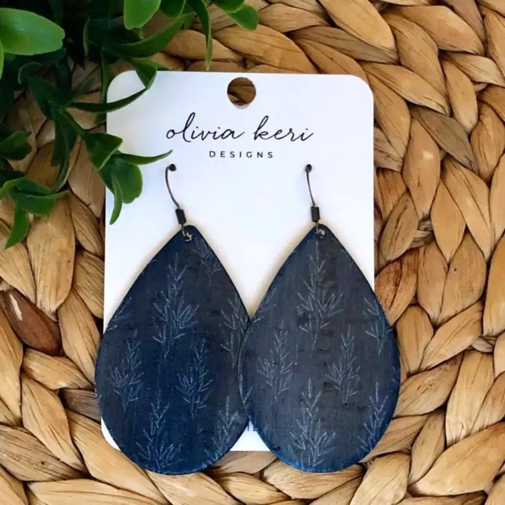 Brittany - Deep Blue Fern Leather earrings